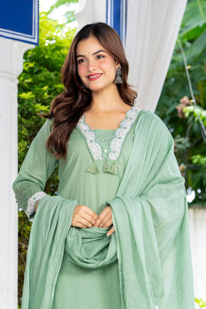Sage Green Embroidered Cotton Suit Set with Dupatta