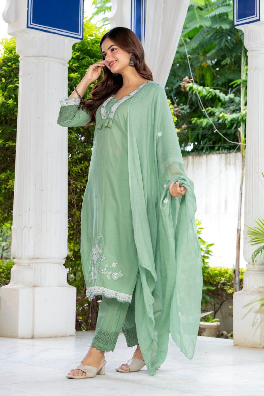 Sage Green Embroidered Cotton Suit Set with Dupatta