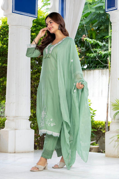 Sage Green Embroidered Cotton Suit Set with Dupatta