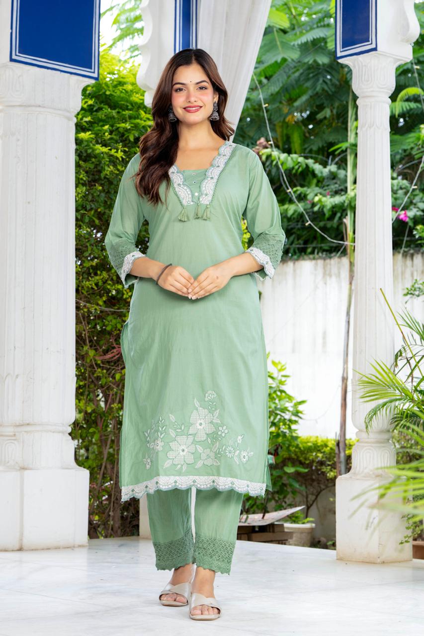 Sage Green Embroidered Cotton Suit Set with Dupatta
