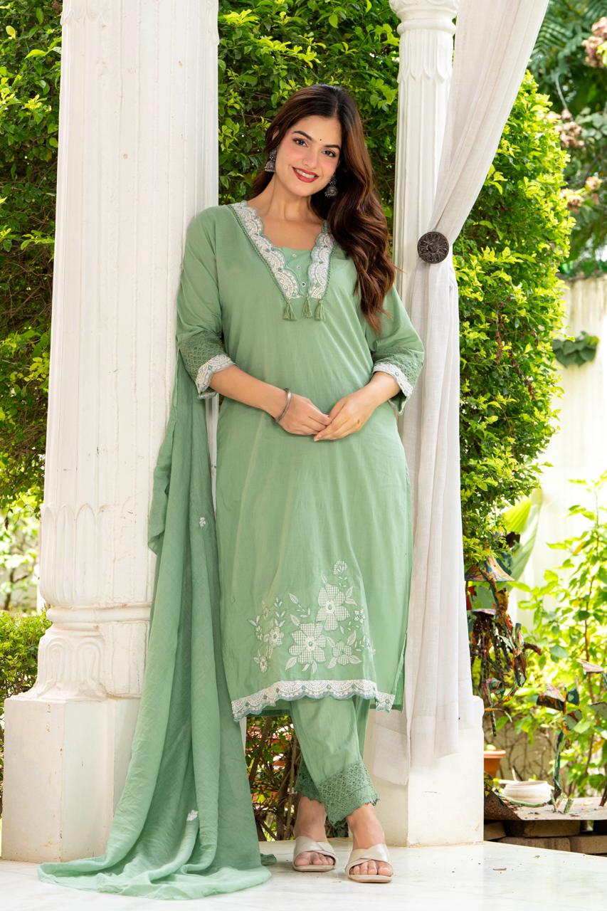 Sage Green Embroidered Cotton Suit Set with Dupatta