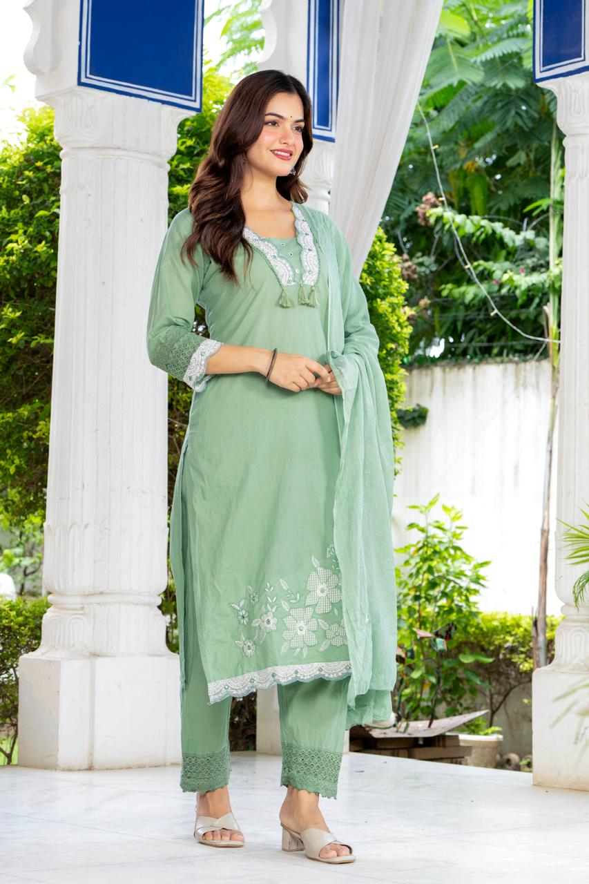 Sage Green Embroidered Cotton Suit Set with Dupatta