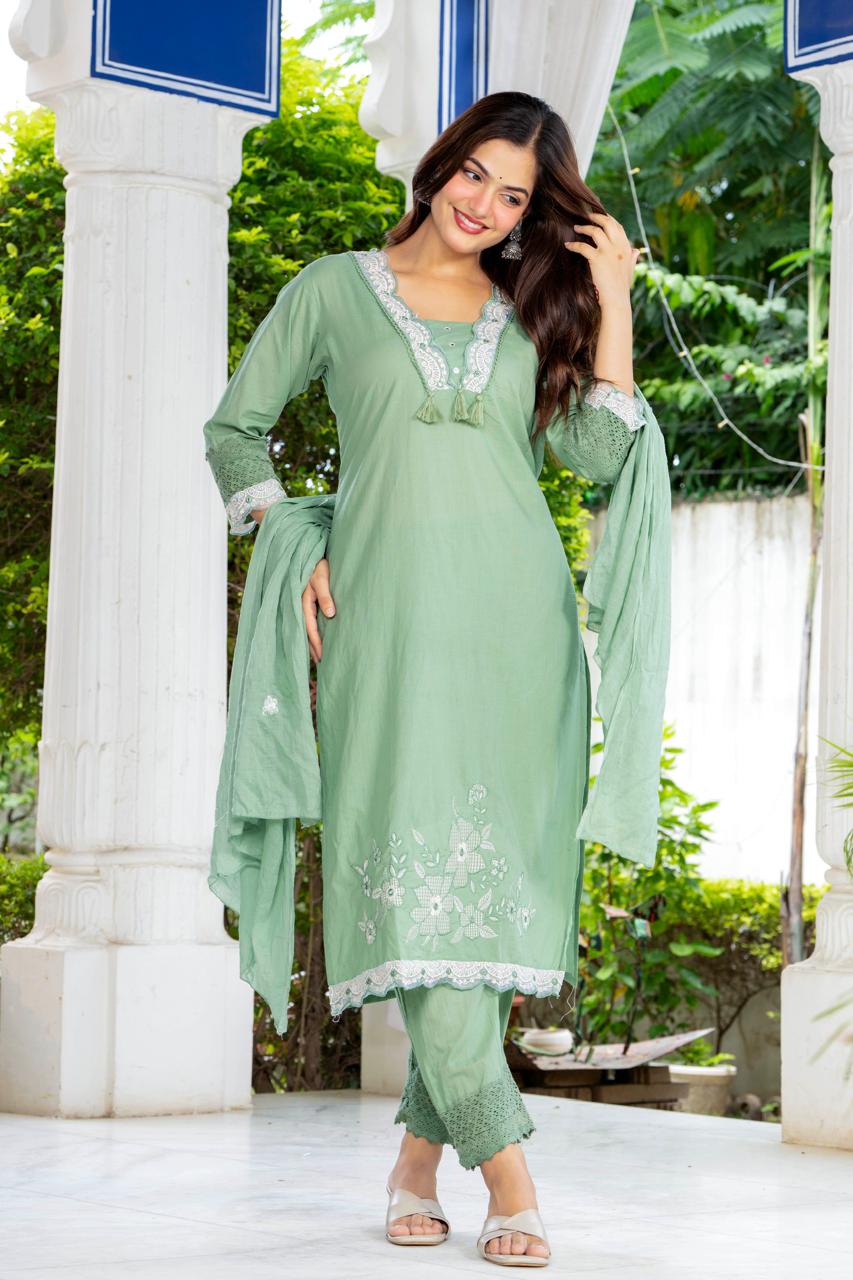 Sage Green Embroidered Cotton Suit Set with Dupatta