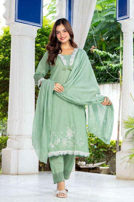 Sage Green Embroidered Cotton Suit Set with Dupatta