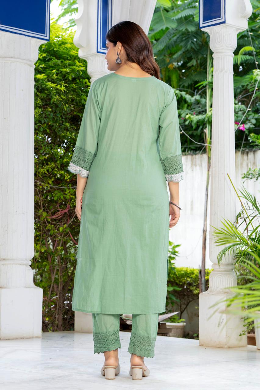 Sage Green Embroidered Cotton Suit Set with Dupatta