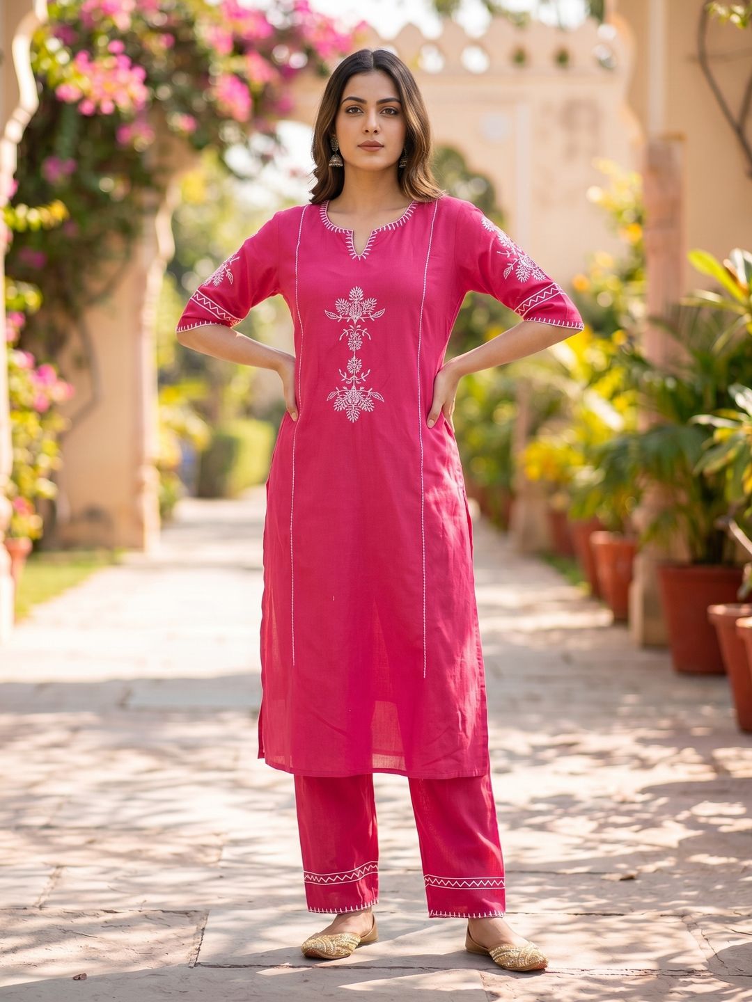Magenta Embroidered Cotton Kurta Set with Pants