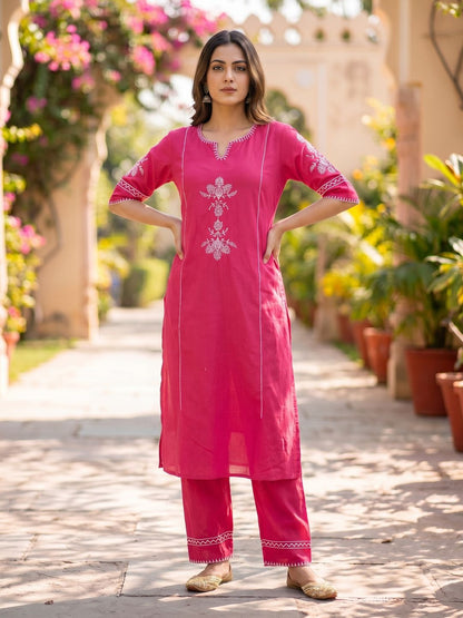 Magenta Embroidered Cotton Kurta Set with Pants