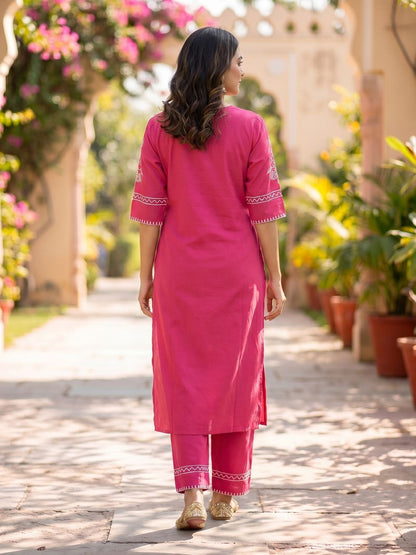 Magenta Embroidered Cotton Kurta Set with Pants