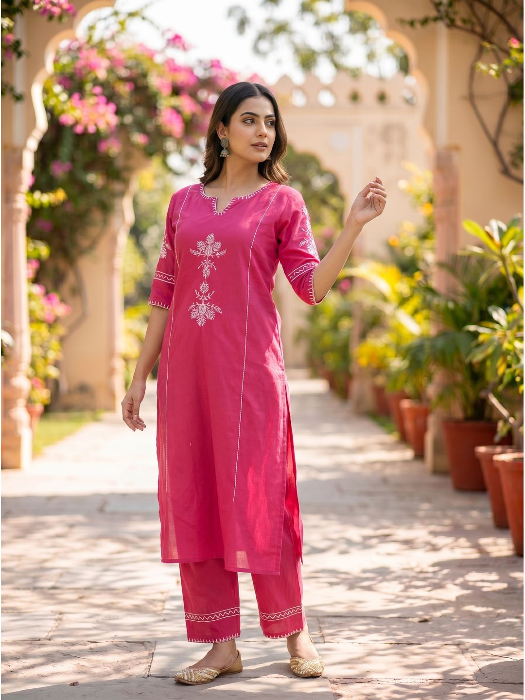 Magenta Embroidered Cotton Kurta Set with Pants