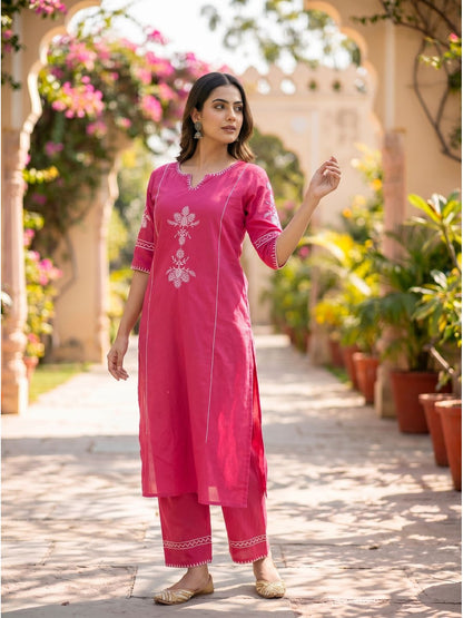 Magenta Embroidered Cotton Kurta Set with Pants