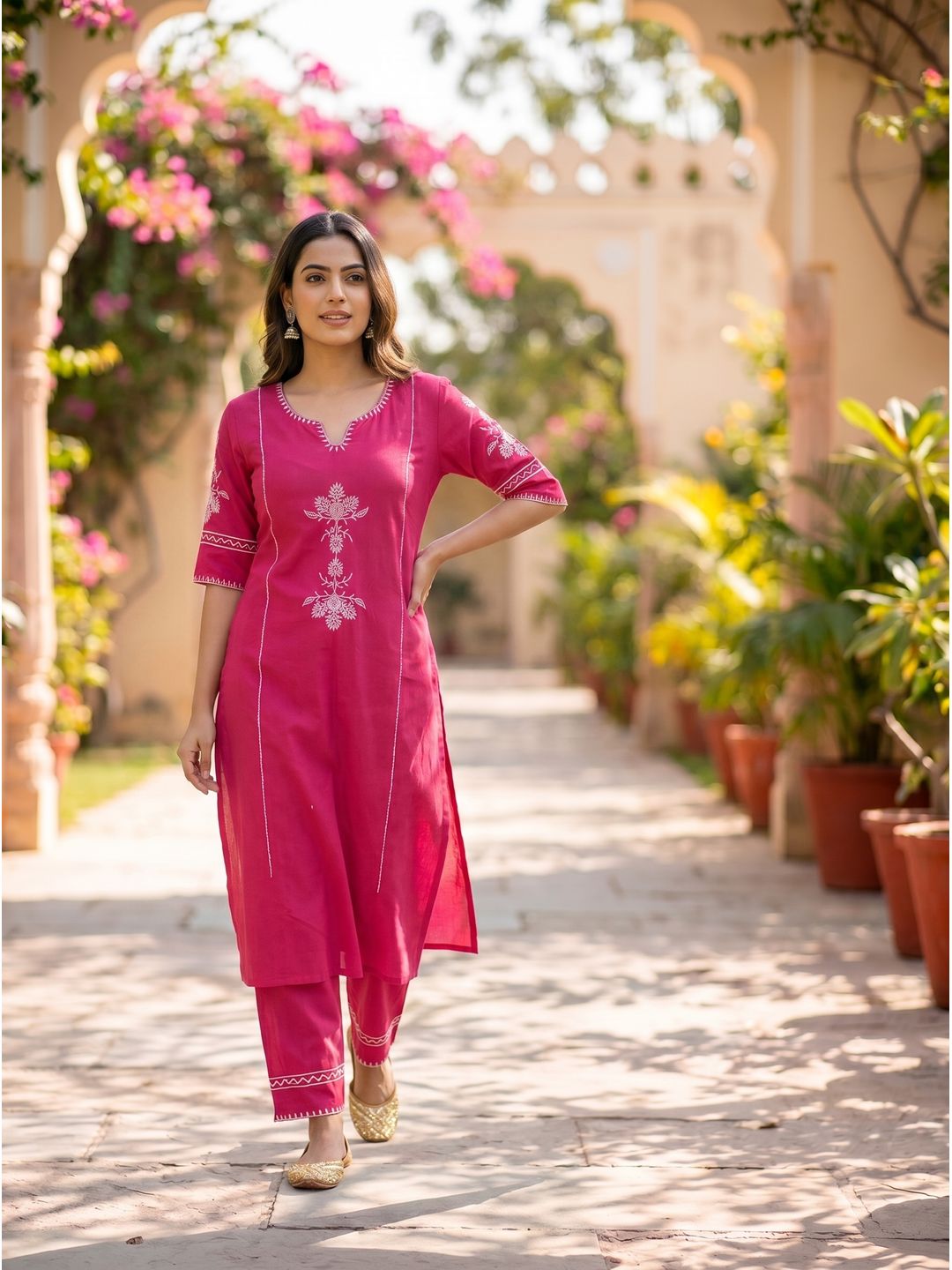 Magenta Embroidered Cotton Kurta Set with Pants