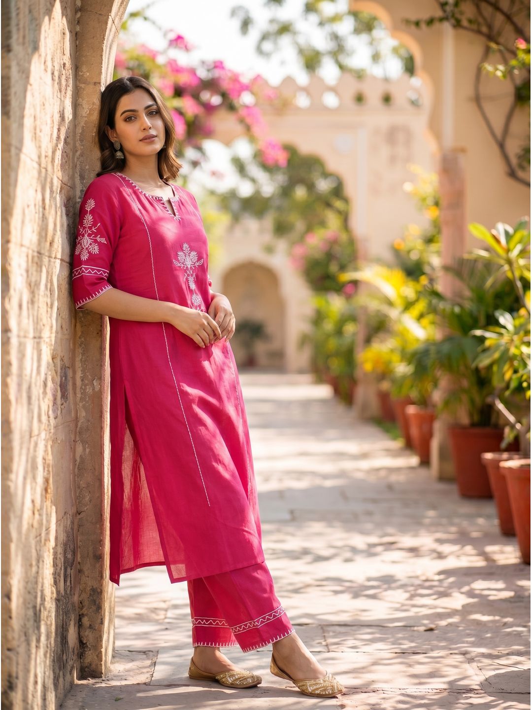 Magenta Embroidered Cotton Kurta Set with Pants