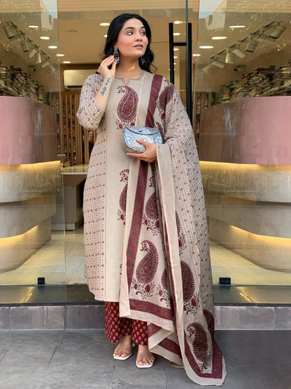 Beige and Maroon Paisley Printed Cotton Suit Set with Dupatta