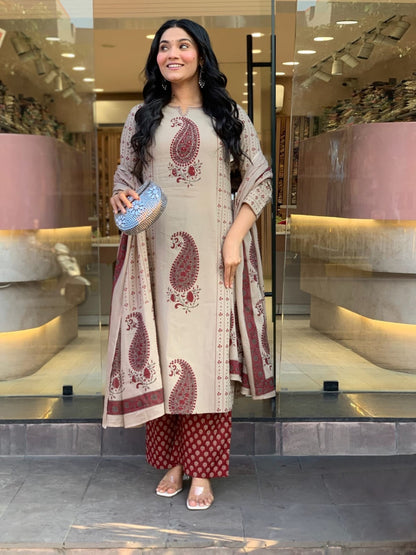 Beige and Maroon Paisley Printed Cotton Suit Set with Dupatta