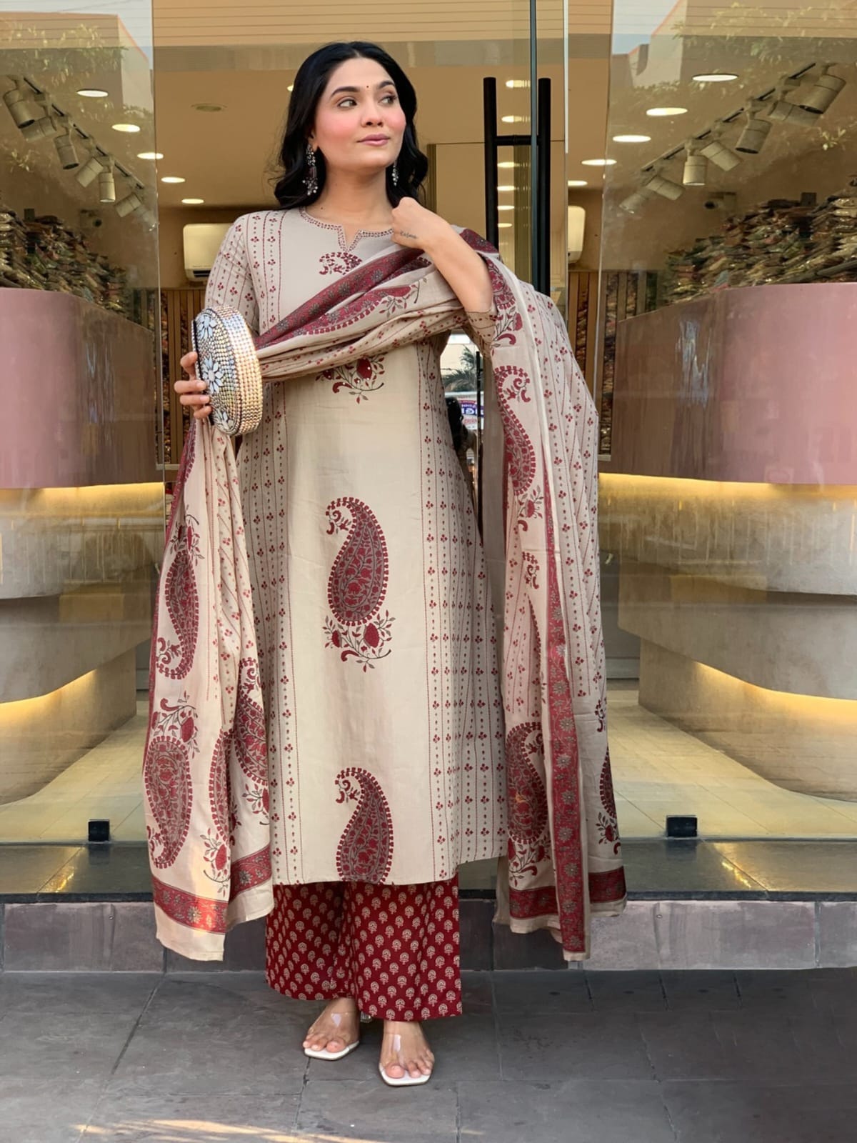 Beige and Maroon Paisley Printed Cotton Suit Set with Dupatta