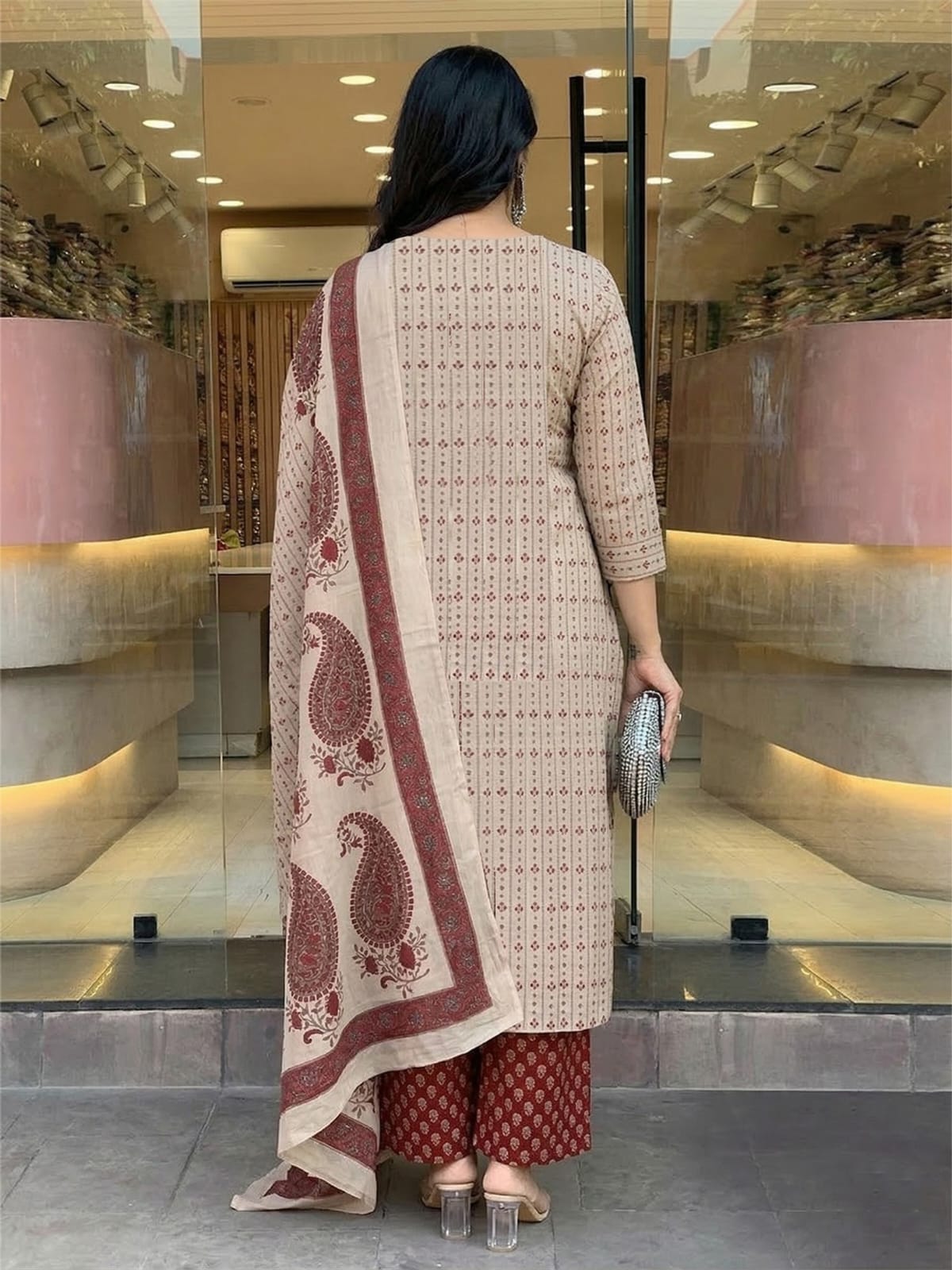 Beige and Maroon Paisley Printed Cotton Suit Set with Dupatta