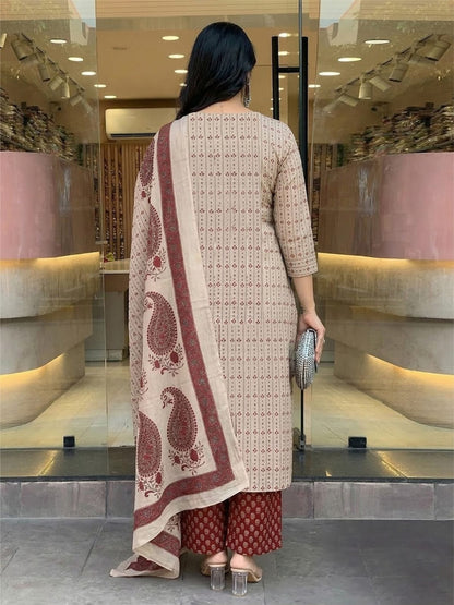 Beige and Maroon Paisley Printed Cotton Suit Set with Dupatta