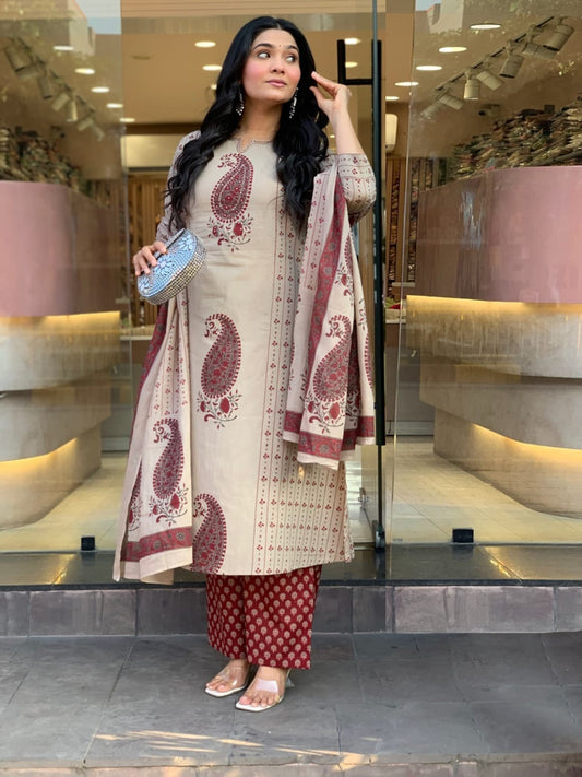 Beige and Maroon Paisley Printed Cotton Suit Set with Dupatta