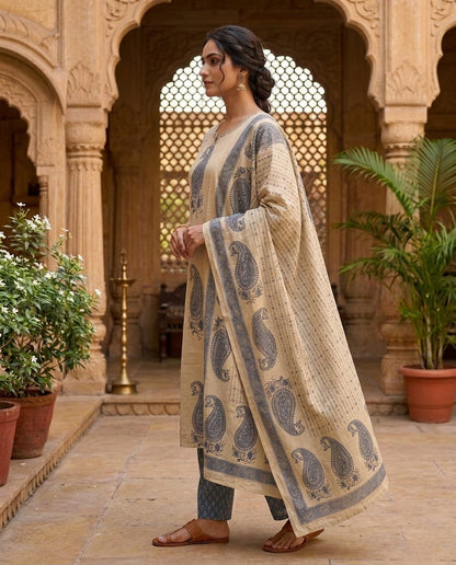 Beige and Blue Paisley Printed Cotton Suit Set with Dupatta