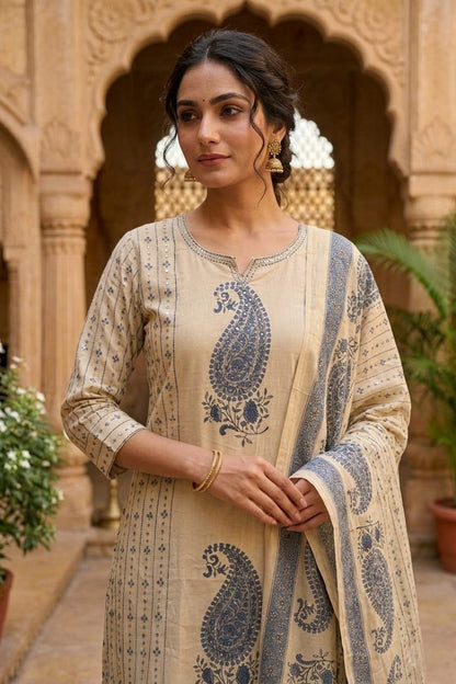 Beige and Blue Paisley Printed Cotton Suit Set with Dupatta