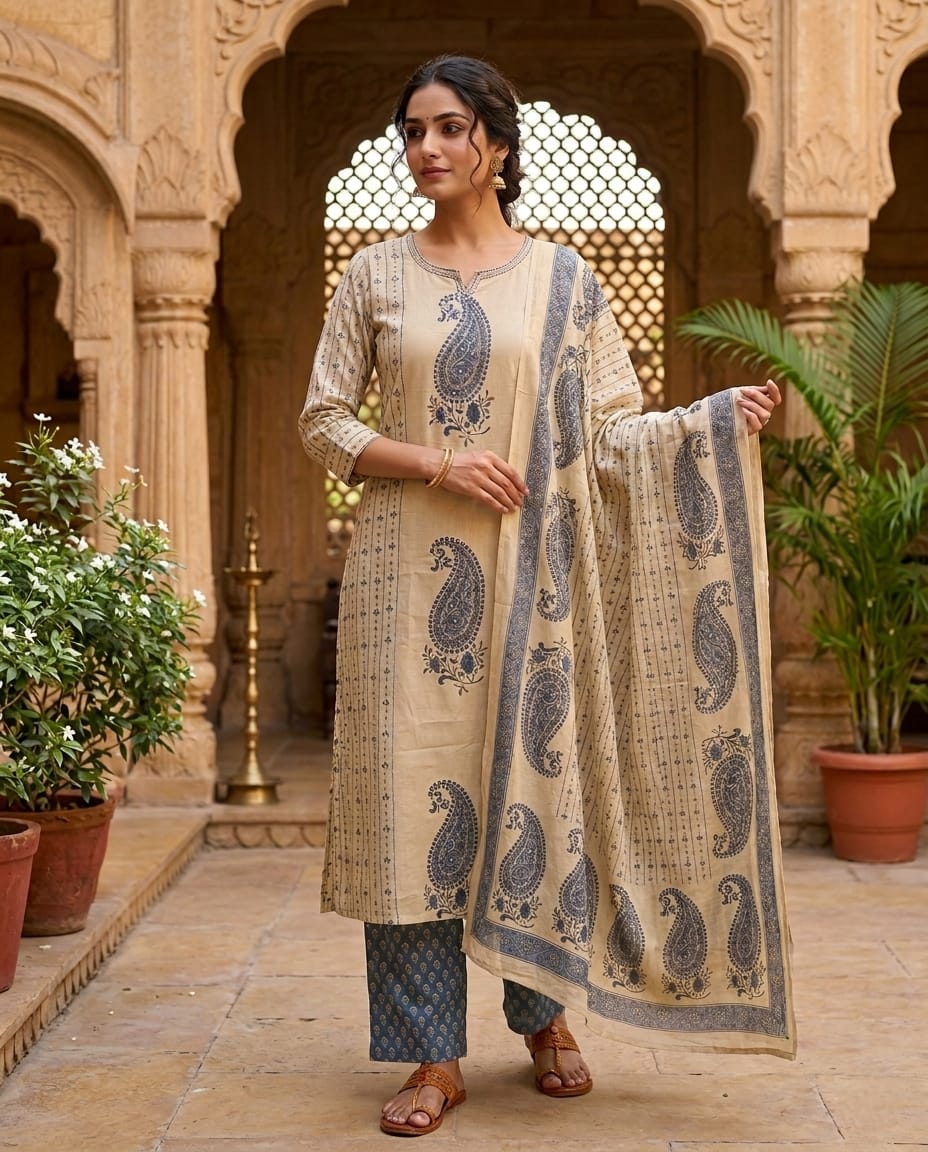 Beige and Blue Paisley Printed Cotton Suit Set with Dupatta