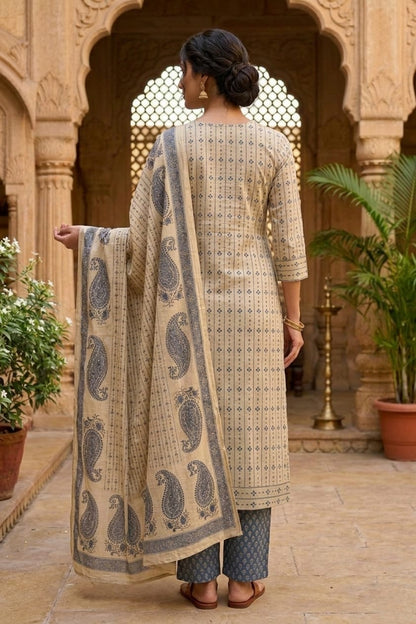 Beige and Blue Paisley Printed Cotton Suit Set with Dupatta