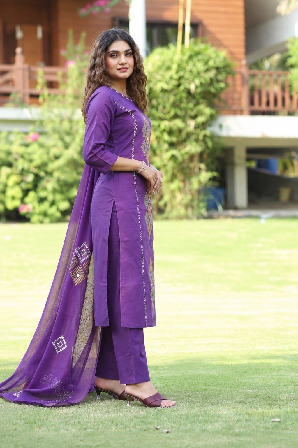 Vibrant Purple Printed Cotton Suit Set with Dupatta