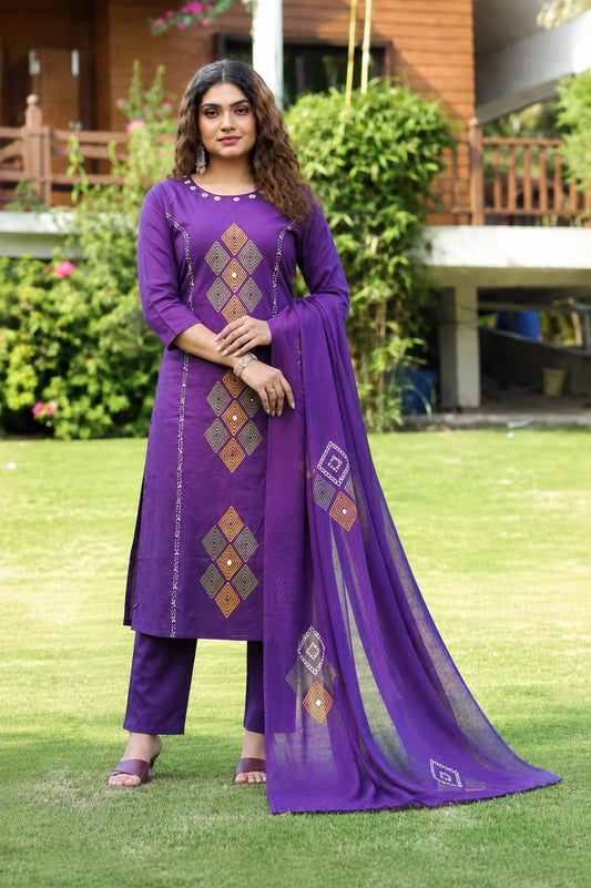 Vibrant Purple Printed Cotton Suit Set with Dupatta