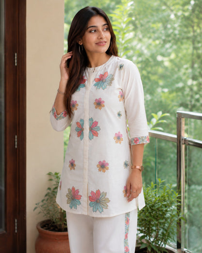 Off-White Floral Embroidered Co-Ord Set