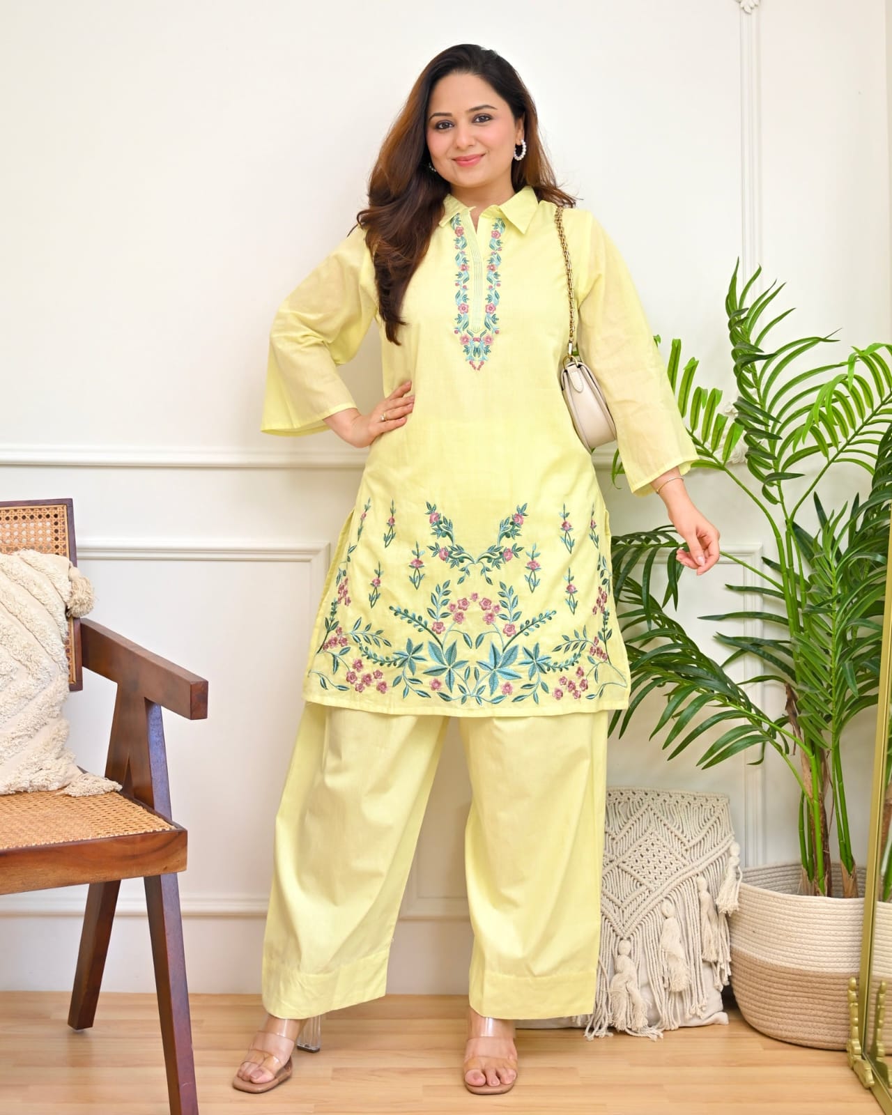 Lemon Yellow Floral Embroidered Co-Ord Set