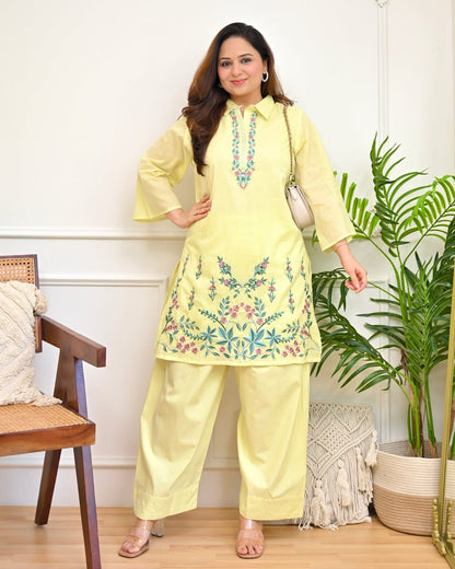 Lemon Yellow Floral Embroidered Co-Ord Set