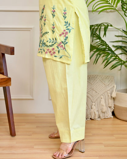 Lemon Yellow Floral Embroidered Co-Ord Set