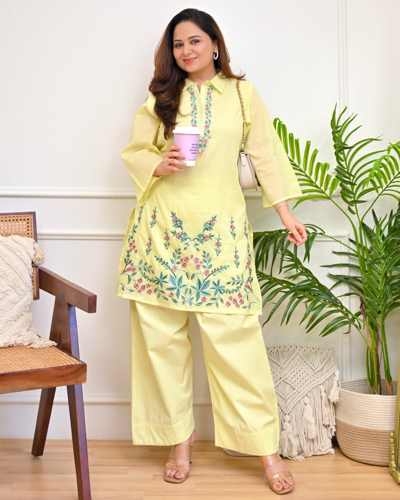Lemon Yellow Floral Embroidered Co-Ord Set