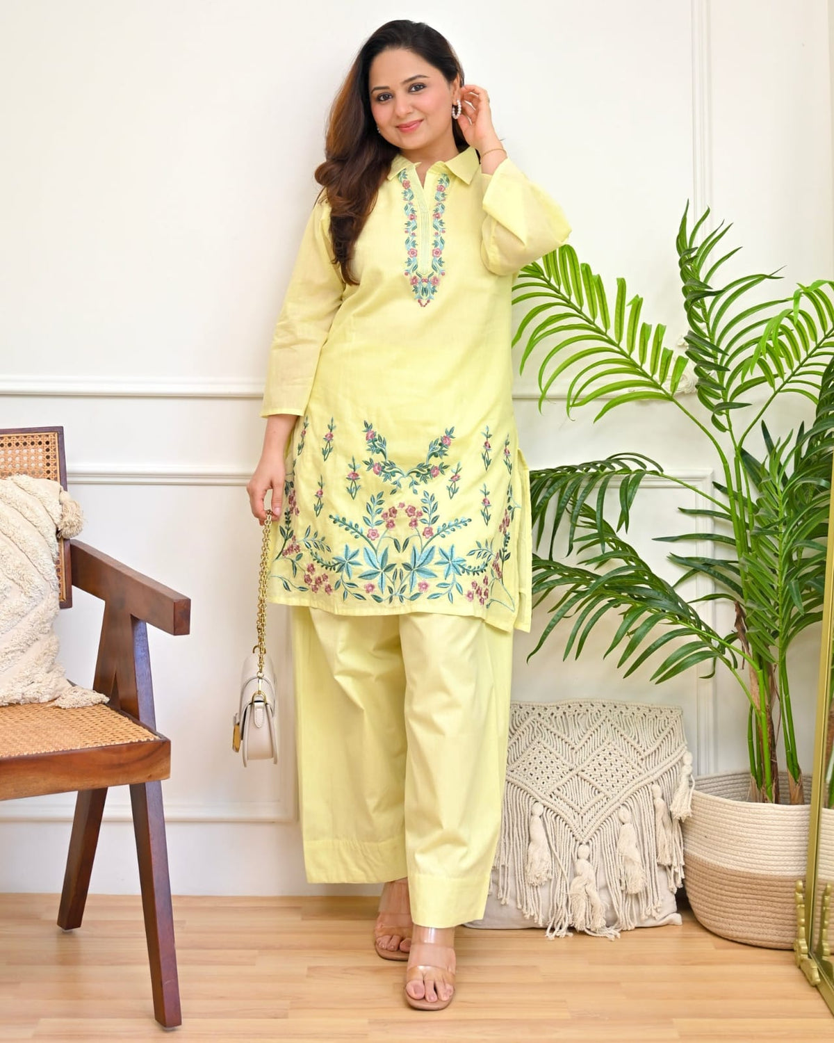Lemon Yellow Floral Embroidered Co-Ord Set