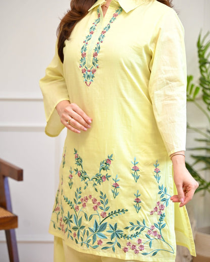 Lemon Yellow Floral Embroidered Co-Ord Set
