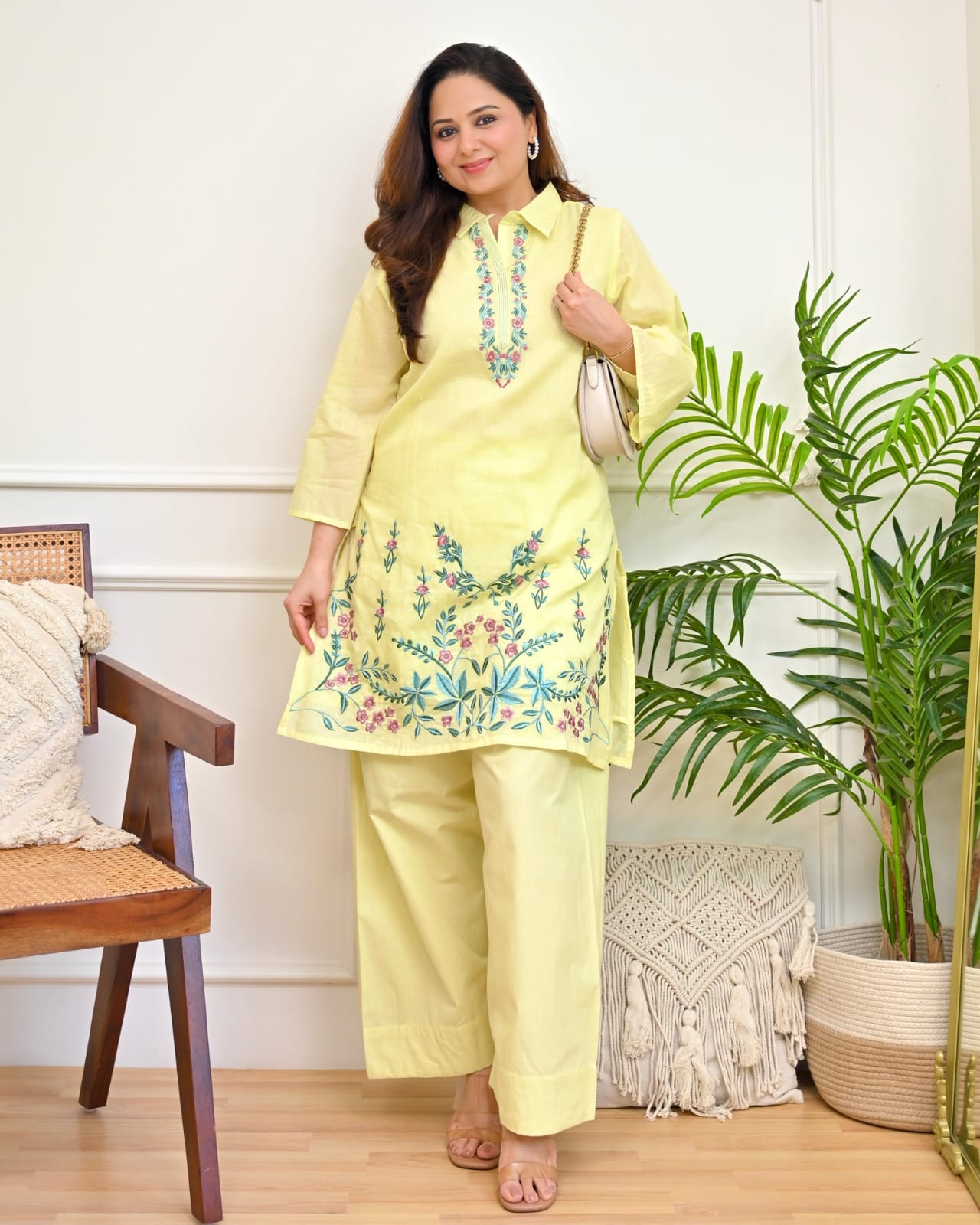 Lemon Yellow Floral Embroidered Co-Ord Set