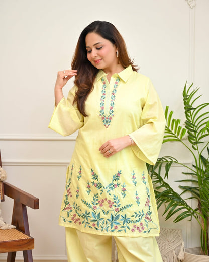 Lemon Yellow Floral Embroidered Co-Ord Set