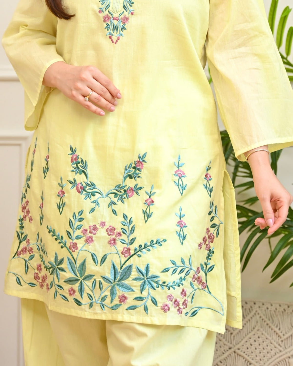 Lemon Yellow Floral Embroidered Co-Ord Set