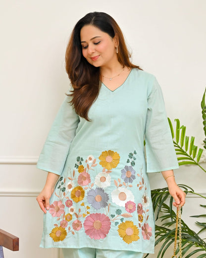 Mint Green Floral Embroidered Co-Ord Set