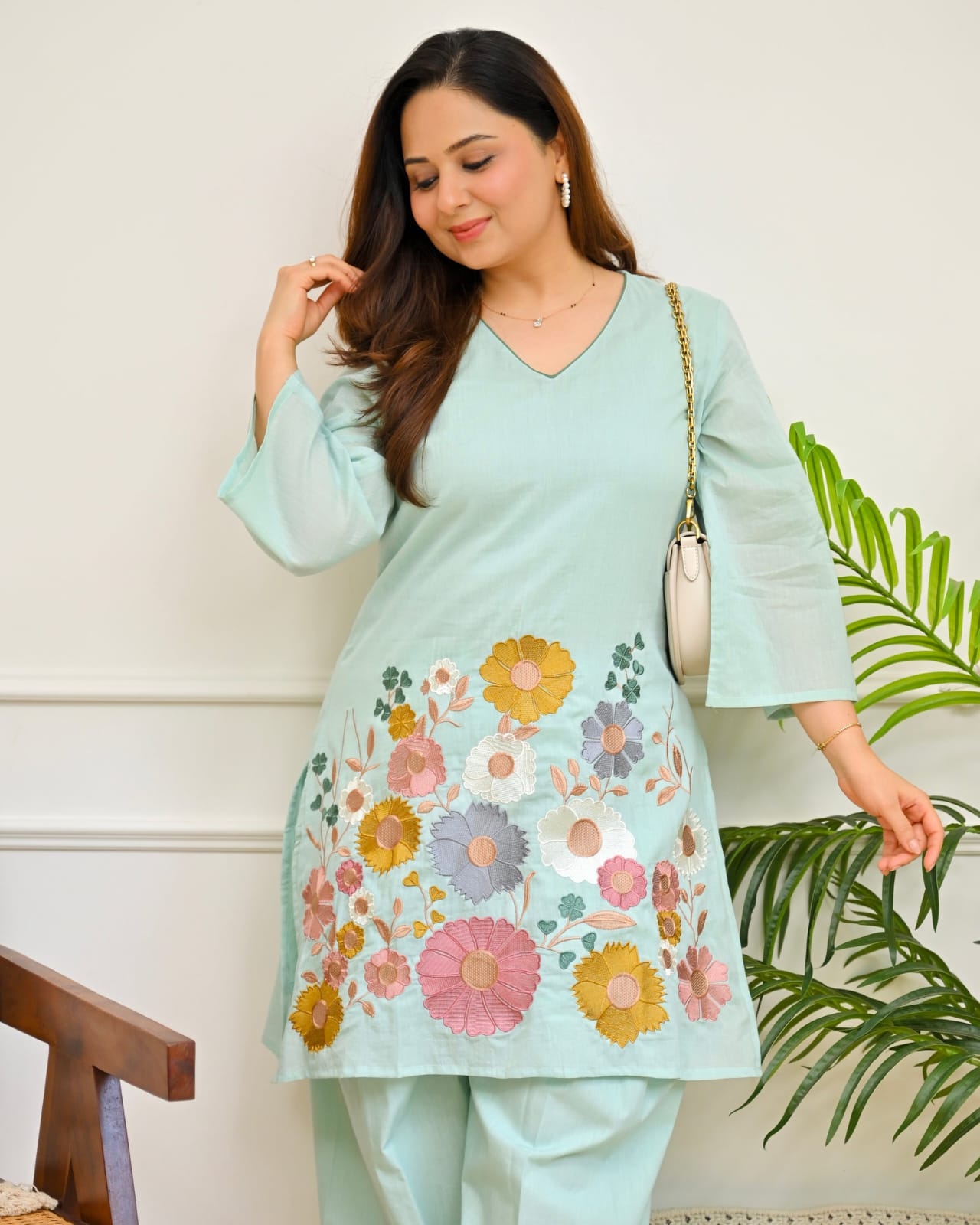 Mint Green Floral Embroidered Co-Ord Set