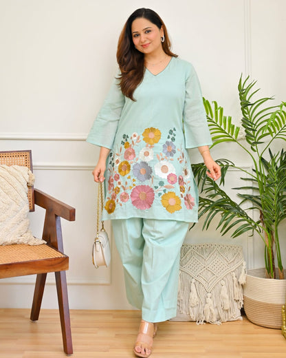 Mint Green Floral Embroidered Co-Ord Set