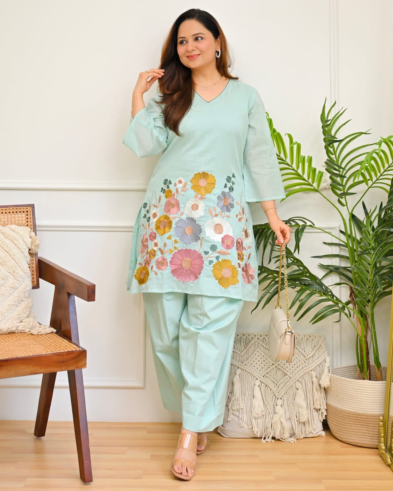 Mint Green Floral Embroidered Co-Ord Set