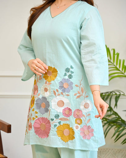 Mint Green Floral Embroidered Co-Ord Set