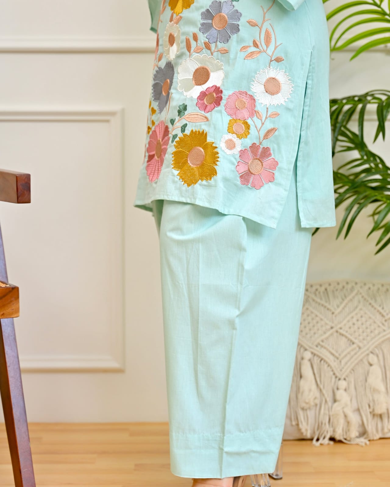 Mint Green Floral Embroidered Co-Ord Set