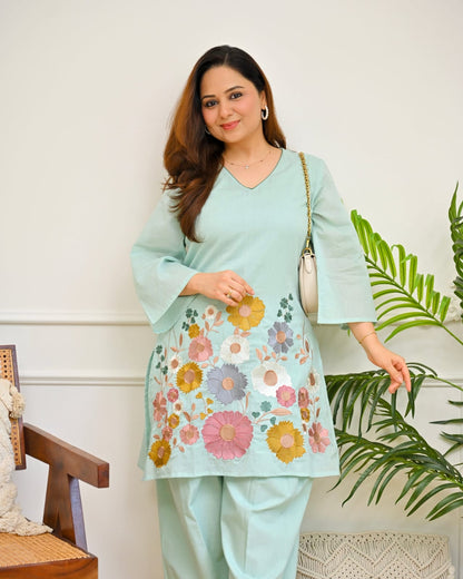 Mint Green Floral Embroidered Co-Ord Set