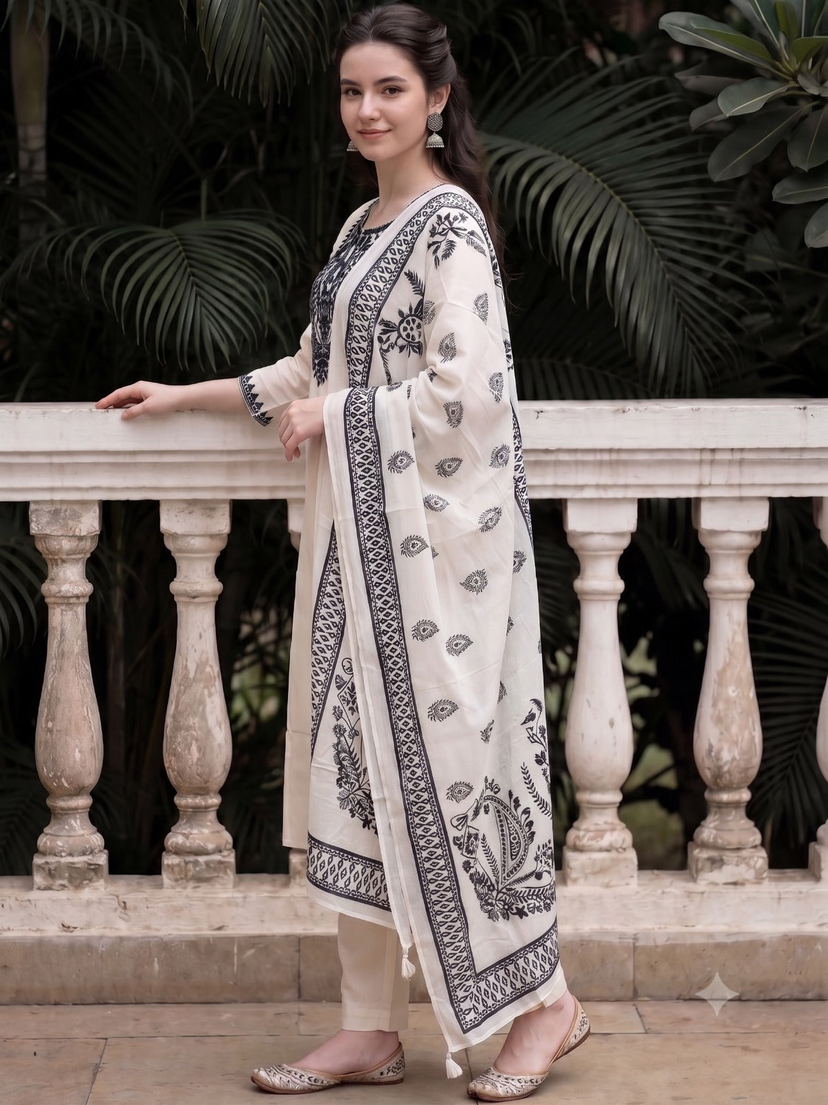 White Muslin Kurta Set with Black Embroidery