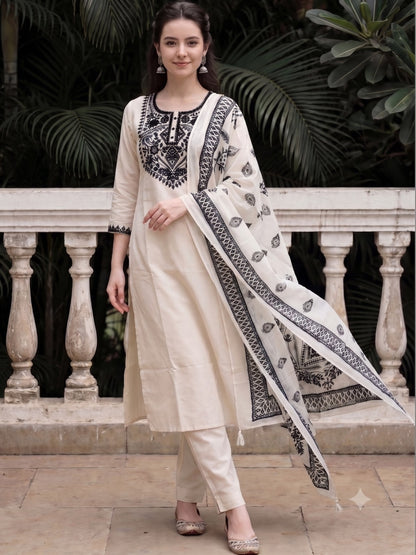 White Muslin Kurta Set with Black Embroidery