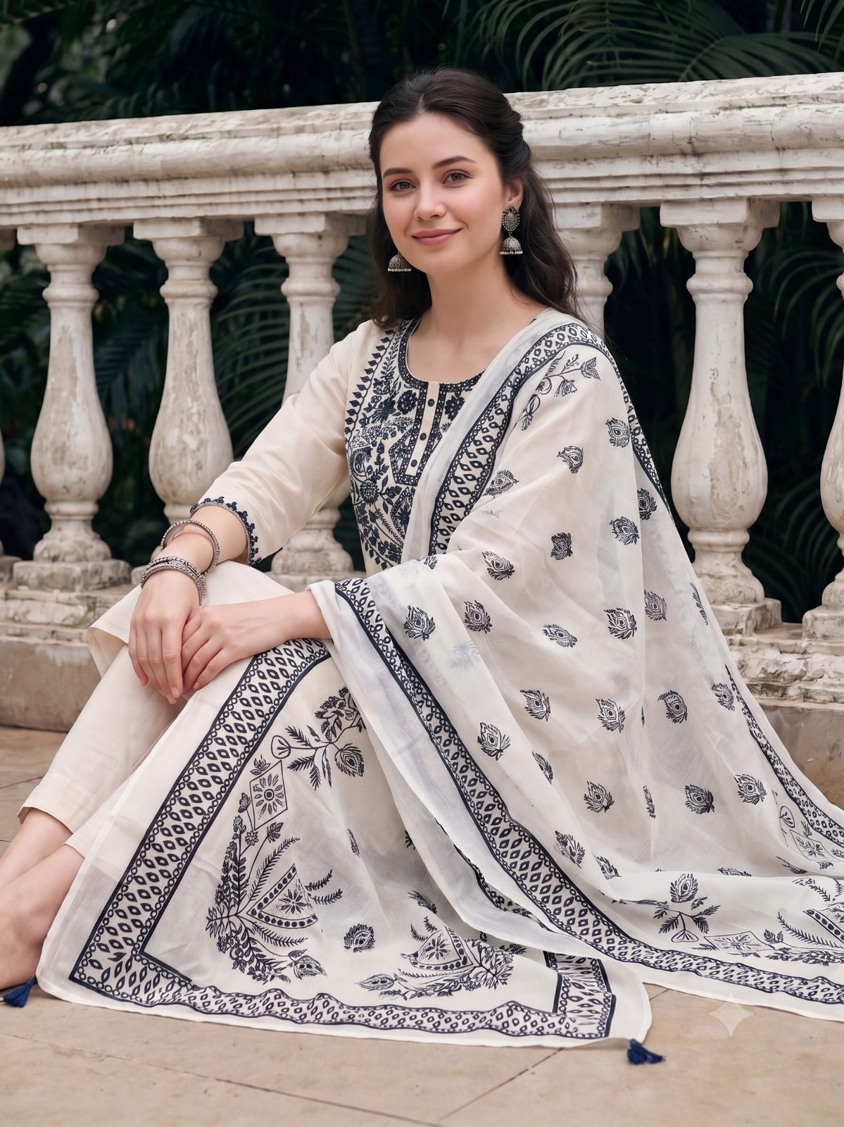 White Muslin Kurta Set with Black Embroidery