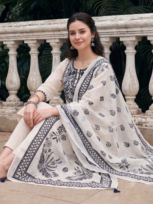 White Muslin Kurta Set with Black Embroidery