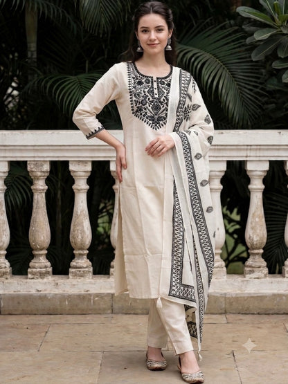 White Muslin Kurta Set with Black Embroidery
